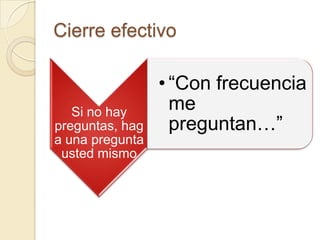 Cierre efectivo

                 • “Con frecuencia
   Si no hay       me
preguntas, hag     preguntan…”
a una pregunta
 usted mismo
 