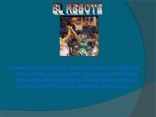 CUANDO UN JUGADOR TIRA A CANASTA Y REBOTA,
SI LA COGE UN JUGADOR DE SU EQUIPO PUEDE
TIRAR SIN NECESIDAD DE TENER QUE SALIR DE
LA ZONA RESTRINGIDA.(REBOTE OFENSIVO)
 