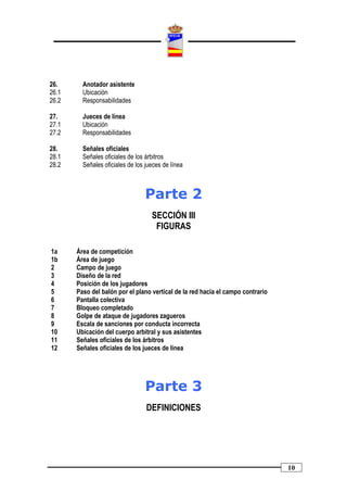 26.      Anotador asistente
26.1     Ubicación
26.2     Responsabilidades

27.      Jueces de línea
27.1     Ubicación
27.2     Responsabilidades

28.      Señales oficiales
28.1     Señales oficiales de los árbitros
28.2     Señales oficiales de los jueces de línea



                                 Parte 2
                                    SECCIÓN III
                                     FIGURAS

1a     Área de competición
1b     Área de juego
2      Campo de juego
3      Diseño de la red
4      Posición de los jugadores
5      Paso del balón por el plano vertical de la red hacia el campo contrario
6      Pantalla colectiva
7      Bloqueo completado
8      Golpe de ataque de jugadores zagueros
9      Escala de sanciones por conducta incorrecta
10     Ubicación del cuerpo arbitral y sus asistentes
11     Señales oficiales de los árbitros
12     Señales oficiales de los jueces de línea




                                 Parte 3
                                  DEFINICIONES




                                                                                 10
 