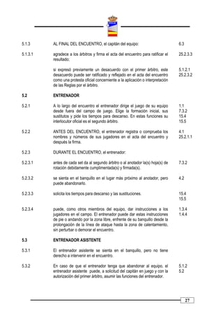 5.1.3     AL FINAL DEL ENCUENTRO, el capitán del equipo:                            6.3

5.1.3.1   agradece a los árbitros y firma el acta del encuentro para ratificar el   25.2.3.3
          resultado;

          si expresó previamente un desacuerdo con el primer árbitro, este          5.1.2.1
          desacuerdo puede ser ratificado y reflejado en el acta del encuentro      25.2.3.2
          como una protesta oficial concerniente a la aplicación o interpretación
          de las Reglas por el árbitro.

5.2       ENTRENADOR

5.2.1     A lo largo del encuentro el entrenador dirige el juego de su equipo       1.1
          desde fuera del campo de juego. Elige la formación inicial, sus           7.3.2
          sustitutos y pide los tiempos para descanso. En estas funciones su        15.4
          interlocutor oficial es el segundo árbitro.                               15.5

5.2.2     ANTES DEL ENCUENTRO, el entrenador registra o comprueba los               4.1
          nombres y números de sus jugadores en el acta del encuentro y             25.2.1.1
          después la firma.

5.2.3     DURANTE EL ENCUENTRO, el entrenador:

5.2.3.1   antes de cada set da al segundo árbitro o al anotador la(s) hoja(s) de    7.3.2
          rotación debidamente cumplimentada(s) y firmada(s).

5.2.3.2   se sienta en el banquillo en el lugar más próximo al anotador, pero       4.2
          puede abandonarlo.

5.2.3.3   solicita los tiempos para descanso y las sustituciones.                   15.4
                                                                                    15.5

5.2.3.4   puede, como otros miembros del equipo, dar instrucciones a los            1.3.4
          jugadores en el campo. El entrenador puede dar estas instrucciones        1.4.4
          de pie o andando por la zona libre, enfrente de su banquillo desde la
          prolongación de la línea de ataque hasta la zona de calentamiento,
          sin perturbar o demorar el encuentro.

5.3       ENTRENADOR ASISTENTE

5.3.1     El entrenador asistente se sienta en el banquillo, pero no tiene
          derecho a intervenir en el encuentro.

5.3.2     En caso de que el entrenador tenga que abandonar al equipo, el            5.1.2
          entrenador asistente puede, a solicitud del capitán en juego y con la     5.2
          autorización del primer árbitro, asumir las funciones del entrenador.




                                                                                          27
 