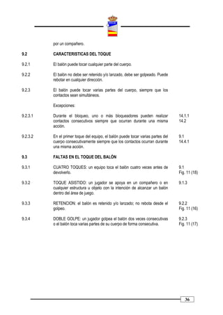 por un compañero.

9.2       CARACTERISTICAS DEL TOQUE

9.2.1     El balón puede tocar cualquier parte del cuerpo.

9.2.2     El balón no debe ser retenido y/o lanzado, debe ser golpeado. Puede
          rebotar en cualquier dirección.

9.2.3     El balón puede tocar varias partes del cuerpo, siempre que los
          contactos sean simultáneos.

          Excepciones:

9.2.3.1   Durante el bloqueo, uno o más bloqueadores pueden realizar              14.1.1
          contactos consecutivos siempre que ocurran durante una misma            14.2
          acción.

9.2.3.2   En el primer toque del equipo, el balón puede tocar varias partes del   9.1
          cuerpo consecutivamente siempre que los contactos ocurran durante       14.4.1
          una misma acción.

9.3       FALTAS EN EL TOQUE DEL BALÓN

9.3.1     CUATRO TOQUES: un equipo toca el balón cuatro veces antes de            9.1
          devolverlo.                                                             Fig. 11 (18)

9.3.2     TOQUE ASISTIDO: un jugador se apoya en un compañero o en                9.1.3
          cualquier estructura u objeto con la intención de alcanzar un balón
          dentro del área de juego.

9.3.3     RETENCION: el balón es retenido y/o lanzado; no rebota desde el         9.2.2
          golpeo.                                                                 Fig. 11 (16)

9.3.4     DOBLE GOLPE: un jugador golpea el balón dos veces consecutivas          9.2.3
          o el balón toca varias partes de su cuerpo de forma consecutiva.        Fig. 11 (17)




                                                                                     36
 