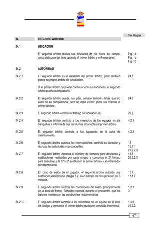 Ver Reglas
24.       SEGUNDO ÁRBITRO

24.1      UBICACIÓN

          El segundo árbitro realiza sus funciones de pie, fuera del campo,          Fig. 1a
          cerca del poste del lado opuesto al primer árbitro y enfrente de él.       Fig. 1b
                                                                                     Fig. 10

24.2      AUTORIDAD

24.2.1    El segundo árbitro es el asistente del primer árbitro, pero también        24.3
          posee su propio ámbito de jurisdicción.

          Si el primer árbitro no puede continuar con sus funciones, el segundo
          árbitro puede reemplazarlo.

24.2.2    El segundo árbitro puede, sin pitar, señalar también faltas que no         24.3
          sean de su competencia, pero no debe insistir sobre las mismas al
          primer árbitro.

24.2.3    El segundo árbitro controla el trabajo del anotador(es).                   25.2

24.2.4    El segundo árbitro controla a los miembros de los equipos en los           4.2.1
          banquillos e informa de sus conductas incorrectas al primer árbitro.

24.2.5    El segundo árbitro controla a los jugadores en la zona de                  4.2.3
          calentamiento.

24.2.6    El segundo árbitro autoriza las interrupciones, controla su duración y     15
          rechaza las solicitudes improcedentes.                                     15.11
                                                                                     25.2.2.3
24.2.7    El segundo árbitro controla el número de tiempos para descanso y           15.1
          sustituciones realizadas por cada equipo y comunica el 2º tiempo           25.2.2.3
          para descanso y la 5ª y 6ª sustitución al primer árbitro y al entrenador
          correspondiente.

24.2.8    En caso de lesión de un jugador, el segundo árbitro autoriza una           15.7
          sustitución excepcional (Regla 8.2) o un tiempo de recuperación de 3       17.1.2
          minutos.

24.2.9    El segundo árbitro controla las condiciones del suelo, principalmente      1.2.1
          en la zona de frente. También controla, durante el encuentro, que los      3
          balones mantengan las condiciones reglamentarias.

24.2.10   El segundo árbitro controla a los miembros de un equipo en el área         1.4.5
          de castigo y comunica al primer árbitro cualquier conducta incorrecta.     21.3.2


                                                                                        67
 