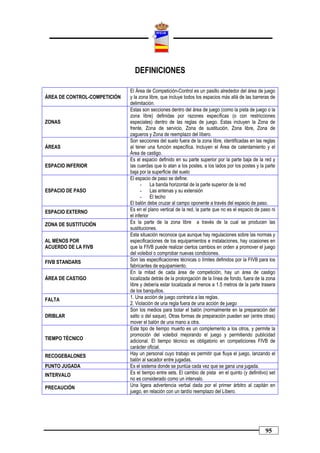 DEFINICIONES

                              El Área de Competición-Control es un pasillo alrededor del área de juego
ÁREA DE CONTROL-COMPETICIÓN   y la zona libre, que incluye todos los espacios más allá de las barreras de
                              delimitación.
                              Estas son secciones dentro del área de juego (como la pista de juego o la
                              zona libre) definidas por razones específicas (o con restricciones
ZONAS                         especiales) dentro de las reglas de juego. Estas incluyen la Zona de
                              frente, Zona de servicio, Zona de sustitución, Zona libre, Zona de
                              zagueros y Zona de reemplazo del líbero.
                              Son secciones del suelo fuera de la zona libre, identificadas en las reglas
ÁREAS                         al tener una función específica. Incluyen el Área de calentamiento y el
                              Área de castigo.
                              Es el espacio definido en su parte superior por la parte baja de la red y
ESPACIO INFERIOR              las cuerdas que lo atan a los postes, a los lados por los postes y la parte
                              baja por la superficie del suelo
                              El espacio de paso se define:
                                    - La banda horizontal de la parte superior de la red
ESPACIO DE PASO                     - Las antenas y su extensión
                                    - El techo
                              El balón debe cruzar al campo oponente a través del espacio de paso.
ESPACIO EXTERNO               Es en el plano vertical de la red, la parte que no es el espacio de paso ni
                              el inferior
ZONA DE SUSTITUCIÓN           Es la parte de la zona libre a través de la cual se producen las
                              sustituciones.
                              Esta situación reconoce que aunque hay regulaciones sobre las normas y
AL MENOS POR                  especificaciones de los equipamientos e instalaciones, hay ocasiones en
ACUERDO DE LA FIVB            que la FIVB puede realizar ciertos cambios en orden a promover el juego
                              del voleibol o comprobar nuevas condiciones.
FIVB STANDARS                 Son las especificaciones técnicas o límites definidos por la FIVB para los
                              fabricantes de equipamiento.
                              En la mitad de cada área de competición, hay un área de castigo
ÁREA DE CASTIGO               localizada detrás de la prolongación de la línea de fondo, fuera de la zona
                              libre y debería estar localizada al menos a 1.5 metros de la parte trasera
                              de los banquillos.
FALTA                         1. Una acción de juego contraria a las reglas.
                              2. Violación de una regla fuera de una acción de juego
                              Son los medios para botar el balón (normalmente en la preparación del
DRIBLAR                       salto o del saque). Otras formas de preparación pueden ser (entre otras)
                              mover el balón de una mano a otra.
                              Este tipo de tiempo muerto es un complemento a los otros, y permite la
                              promoción del voleibol mejorando el juego y permitiendo publicidad
TIEMPO TÉCNICO                adicional. El tiempo técnico es obligatorio en competiciones FIVB de
                              carácter oficial.
RECOGEBALONES                 Hay un personal cuyo trabajo es permitir que fluya el juego, lanzando el
                              balón al sacador entre jugadas.
PUNTO JUGADA                  Es el sistema donde se puntúa cada vez que se gana una jugada.
INTERVALO                     Es el tiempo entre sets. El cambio de pista en el quinto (y definitivo) set
                              no es considerado como un intervalo.
PRECAUCIÓN                    Una ligera advertencia verbal dada por el primer árbitro al capitán en
                              juego, en relación con un tardío reemplazo del Líbero.




                                                                                                   95
 