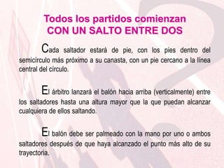Todos los partidos comienzanCON UN SALTO ENTRE DOSen el círculo central