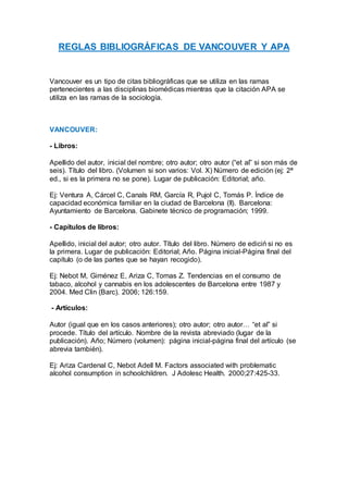 REGLAS BIBLIOGRÁFICAS DE VANCOUVER Y APA
Vancouver es un tipo de citas bibliográficas que se utiliza en las ramas
pertenecientes a las disciplinas biomédicas mientras que la citación APA se
utiliza en las ramas de la sociología.
VANCOUVER:
- Libros:
Apellido del autor, inicial del nombre; otro autor; otro autor (“et al” si son más de
seis). Título del libro. (Volumen si son varios: Vol. X) Número de edición (ej: 2ª
ed., si es la primera no se pone). Lugar de publicación: Editorial; año.
Ej: Ventura A, Cárcel C, Canals RM, García R, Pujol C, Tomás P. Índice de
capacidad económica familiar en la ciudad de Barcelona (II). Barcelona:
Ayuntamiento de Barcelona. Gabinete técnico de programación; 1999.
- Capítulos de libros:
Apellido, inicial del autor; otro autor. Título del libro. Número de ediciń si no es
la primera. Lugar de publicación: Editorial; Año. Página inicial-Página final del
capítulo (o de las partes que se hayan recogido).
Ej: Nebot M, Giménez E, Ariza C, Tomas Z. Tendencias en el consumo de
tabaco, alcohol y cannabis en los adolescentes de Barcelona entre 1987 y
2004. Med Clin (Barc). 2006; 126:159.
- Artículos:
Autor (igual que en los casos anteriores); otro autor; otro autor… “et al” si
procede. Título del artículo. Nombre de la revista abreviado (lugar de la
publicación). Año; Número (volumen): página inicial-página final del artículo (se
abrevia también).
Ej: Ariza Cardenal C, Nebot Adell M. Factors associated with problematic
alcohol consumption in schoolchildren. J Adolesc Health. 2000;27:425-33.
 