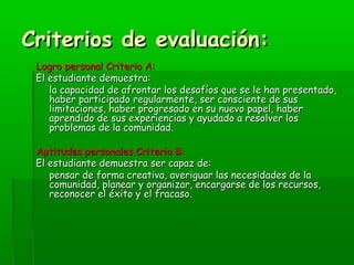 CCrriitteerriiooss ddee eevvaalluuaacciióónn:: 
LLooggrroo ppeerrssoonnaall CCrriitteerriioo AA:: 
EEll eessttuuddiiaannttee ddeemmuueessttrraa:: 
llaa ccaappaacciiddaadd ddee aaffrroonnttaarr llooss ddeessaaffííooss qquuee ssee llee hhaann pprreesseennttaaddoo,, 
hhaabbeerr ppaarrttiicciippaaddoo rreegguullaarrmmeennttee,, sseerr ccoonnsscciieennttee ddee ssuuss 
lliimmiittaacciioonneess,, hhaabbeerr pprrooggrreessaaddoo eenn ssuu nnuueevvoo ppaappeell,, hhaabbeerr 
aapprreennddiiddoo ddee ssuuss eexxppeerriieenncciiaass yy aayyuuddaaddoo aa rreessoollvveerr llooss 
pprroobblleemmaass ddee llaa ccoommuunniiddaadd.. 
AAppttiittuuddeess ppeerrssoonnaalleess CCrriitteerriioo BB:: 
EEll eessttuuddiiaannttee ddeemmuueessttrraa sseerr ccaappaazz ddee:: 
ppeennssaarr ddee ffoorrmmaa ccrreeaattiivvaa,, aavveerriigguuaarr llaass nneecceessiiddaaddeess ddee llaa 
ccoommuunniiddaadd,, ppllaanneeaarr yy oorrggaanniizzaarr,, eennccaarrggaarrssee ddee llooss rreeccuurrssooss,, 
rreeccoonnoocceerr eell ééxxiittoo yy eell ffrraaccaassoo.. 
 