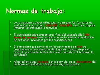 NNoorrmmaass ddee ttrraabbaajjoo:: 
 LLooss eessttuuddiiaanntteess ddeebbeenn ddiilliiggeenncciiaarr yy eennttrreeggaarr llooss ffoorrmmaattooss ddee 
eevvaalluuaacciióónn ddee aaccttiivviiddaadd CCAASS//AAEEFF,, CCAASS//SSFFSS,, ddooss ddííaass ddeessppuuééss 
((mmááxxiimmoo)) ddee rreeaalliizzaaddaa llaa aaccttiivviiddaadd.. 
 EEll eessttuuddiiaannttee ddeebbee pprreesseennttaarr aall ffiinnaall ddeell sseegguunnddoo aaññoo ((118800 
hhoorraass ddee sseerrvviicciioo)) uunnaa ccaarrppeettaa ccoonn llooss ffoorrmmaattooss ddee eevvaalluuaacciióónn 
ddee aaccttiivviiddaadd,, rreevviissaaddooss ppoorr llooss ccoooorrddiinnaaddoorreess.. 
 EEll eessttuuddiiaannttee qquuee ppaarrttiicciippaa eenn llaass aaccttiivviiddaaddeess ddee CCAASS ssee 
ccoommpprroommeettee aa nnoo aauusseennttaarrssee ddeell lluuggaarr ddee ttrraabbaajjoo ssiinn pprreevviioo 
aavviissoo aall ccoooorrddiinnaaddoorr ((aanntteess ddee iinniicciiaarr,, dduurraannttee oo aall tteerrmmiinnaarr llaa 
aaccttiivviiddaadd)).. 
 AAll eessttuuddiiaannttee qquuee iinnccuummppllaa ccoonn eell sseerrvviicciioo,, ssee llee ddeessccoonnttaarraann ddee 
llaass hhoorraass aaccuummuullaaddaass eell ttiieemmppoo qquuee ddeejjoo ddee pprreessttaarr.. 
 