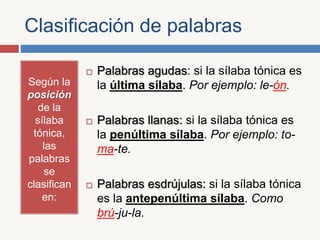 Clasificación de palabras
Según la
posición
de la
sílaba
tónica,
las
palabras
se
clasifican
en:
Palabras agudas: si la sílaba tónica es
la última sílaba. Por ejemplo: le-ón.
Palabras llanas: si la sílaba tónica es
la penúltima sílaba. Por ejemplo: to-
ma-te.
Palabras esdrújulas: si la sílaba tónica
es la antepenúltima sílaba. Como
brú-ju-la.