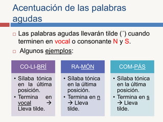 Acentuación de las palabras
agudas
Las palabras agudas llevarán tilde (´) cuando
terminen en vocal o consonante N y S.
Algunos ejemplos:
CO-LI-BRÍ
• Sílaba tónica
en la última
posición.
• Termina en
vocal
Lleva tilde.
RA-MÓN
• Sílaba tónica
en la última
posición.
• Termina en n
Lleva
tilde.
COM-PÁS
• Sílaba tónica
en la última
posición.
• Termina en s
Lleva
tilde.