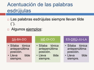 Acentuación de las palabras
esdrújulas
Las palabras esdrújulas siempre llevan tilde
(´).
Algunos ejemplos:
SÁ-BA-DO
• Sílaba tónica
antepenúltima
posición.
• Lleva tilde
siempre.
MÉ-DI-CO
• Sílaba tónica
antepenúltima
posición.
• Lleva tilde
siempre.
ES-DRÚ-JU-LA
• Sílaba tónica
antepenúltima
posición.
• Lleva tilde
siempre.