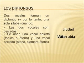 LOS DIPTONGOS
Dos vocales forman un
diptongo (y por lo tanto, una
sola sílaba) cuando:
- Las dos vocales son
cerradas.
- Se unen una vocal abierta
(tónica o átona) y una vocal
cerrada (átona, siempre átona).
ciudad
iu
Villarrubia
ia
baile
ai
 