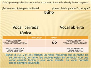 buho
¿Forman un diptongo o un hiato?
En la siguiente palabra hay dos vocales en contacto. Responde a las siguientes preguntas
Búho: la «u» y la «o» forman un hiato (recuerda que la hache no
se pronuncia, por tanto, las vocales están en contacto) con una
vocal cerrada tónica y una vocal abierta. La vocal cerrada
tónica siempre lleva tilde.
DIPTONGO HIATO
VOCAL ABIERTA +
VOCAL CERRADA ÁTONA
VOCAL ABIERTA +
VOCAL CERRADA TÓNICA
VOCAL CERRADA +
VOCAL CERRADA
VOCAL ABIERTA +
VOCAL ABIERTA
Vocal cerrada
tónica
Vocal abierta
úo
u
¿Lleva tilde la palabra? ¿por qué?
´ o
 
