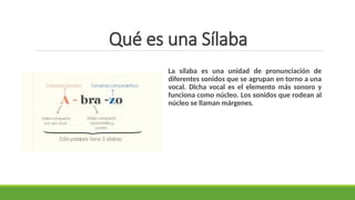 Qué es una Sílaba
La sílaba es una unidad de pronunciación de
diferentes sonidos que se agrupan en torno a una
vocal. Dicha vocal es el elemento más sonoro y
funciona como núcleo. Los sonidos que rodean al
núcleo se llaman márgenes.
 