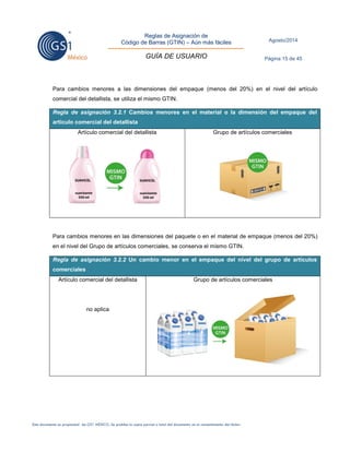 Reglas de Asignación de 
Código de Barras (GTIN) – Aún más fáciles 
GUÍA DE USUARIO 
Agosto/2014 
Página 15 de 45 
Este documento es propiedad de GS1 MÉXICO. Se prohíbe la copia parcial o total del documento sin el consentimiento del titular. 
Para cambios menores a las dimensiones del empaque (menos del 20%) en el nivel del artículo comercial del detallista, se utiliza el mismo GTIN. Regla de asignación 3.2.1 Cambios menores en el material o la dimensión del empaque del artículo comercial del detallista 
Artículo comercial del detallista 
Grupo de artículos comerciales 
Para cambios menores en las dimensiones del paquete o en el material de empaque (menos del 20%) en el nivel del Grupo de artículos comerciales, se conserva el mismo GTIN. Regla de asignación 3.2.2 Un cambio menor en el empaque del nivel del grupo de artículos comerciales 
Artículo comercial del detallista 
no aplica 
Grupo de artículos comerciales 
 