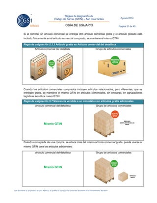 Reglas de Asignación de 
Código de Barras (GTIN) – Aún más fáciles 
GUÍA DE USUARIO 
Agosto/2014 
Página 31 de 45 
Este documento es propiedad de GS1 MÉXICO. Se prohíbe la copia parcial o total del documento sin el consentimiento del titular. 
Si al comprar un artículo comercial se entrega otro artículo comercial gratis y el artículo gratuito está incluido físicamente en el artículo comercial comprado, se mantiene el mismo GTIN: Regla de asignación 5.3.3 Artículo gratis en Artículo comercial del detallista 
Artículo comercial del detallista 
Grupo de artículos comerciales 
Cuando los artículos comerciales comprados incluyen artículos relacionados, pero diferentes, que se entregan gratis, se mantiene el mismo GTIN en artículos comerciales, sin embargo, en agrupaciones logísticas se utiliza nuevo GTIN: Regla de asignación 5.7 Mercancía vendida a un minorista con artículos gratis adicionales 
Artículo comercial del detallista 
Mismo GTIN 
Grupo de artículos comerciales 
Cuando como parte de una compra, se ofrece más del mismo artículo comercial gratis, puede usarse el mismo GTIN para los artículos adicionales: 
Artículo comercial del detallista 
Mismo GTIN 
Grupo de artículos comerciales 
 