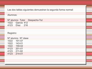 Las dos tablas siguientes demuestran la segunda forma normal: 
Alumnos: 
Nº alumno Tutor Despacho-Tut 
1022 García 412 
4123 Díaz 216 
Registro: 
Nº alumno Nº clase 
1022 101-07 
1022 143-01 
1022 159-02 
4123 201-01 
4123 211-02 
4123 214-01 
 