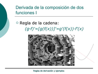 Derivada de la composición de dos funciones I Regla de la cadena: (g◦f)'=[g(f(x))]'=g'(f(x))·f'(x) 