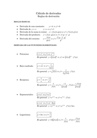 Cálculo de derivadas
Reglas de derivación
REGLAS BASICAS:
• Derivada de una constante: 0'=⇒= yky
• Derivada de xy = : 1'=⇒= yxy
• Derivada de la suma (o resta): )(')('')()( xgxfyxgxfy ±=⇒±=
• Derivada del producto: ''')()( gfgfyxgxfy ⋅+⋅=⇒⋅=
• Derivada del cociente: 2
''
'
)(
)(
g
gfgf
y
xg
xf
y
⋅−⋅
=⇒=
DERIVADA DE LAS FUNCIONES ELEMENTALES:
• Potencias: 1
' −
⋅=⇒= nn
xnyxy
En general: [ ] [ ] )(')(')(
1
xfxfnyxfy
nn
⋅⋅=⇒=
−
• Raíz cuadrada:
x
yxy
2
1
'=⇒=
En general: )('
)(2
1
')( xf
xf
yxfy ⋅=⇒=
• Reciproca: 2
1
'
1
x
y
x
y
−
=⇒=
En general:
[ ] [ ]22
)(
)('
)('
)(
1
'
)(
1
xf
xf
xf
xf
y
xf
y
−
=⋅
−
=⇒=
• Exponenciales: xx
eyey =⇒= '
En general: )('' )()(
xfeyey xfxf
⋅=⇒=
aayay xx
ln' ⋅=⇒=
En general: axfayay xfxf
ln)('' )()(
⋅⋅=⇒=
• Logaritmos:
x
yxy
1
'ln =⇒=
En general: [ ]
)(
)('
)('
)(
1
')(ln
xf
xf
xf
xf
yxfy =⋅=⇒=
 