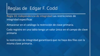 Reglas de Edgar F. Codd
Regla 10: independencia de integridad:Las restricciones de
integridad específicas
Almacenar en el catálogo la restricción de clave primaria.
Cada registro en una tabla tenga un valor único en el campo de clave
primaria
la restricción de integridad garantizará que no haya dos filas con la
misma clave primaria.
 