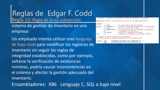 Reglas de Edgar F. Codd
Regla 12: Regla de la no subversión:
sistema de gestión de inventario en una
empresa:
Un empleado intenta utilizar este lenguaje
de bajo nivel para modificar los registros de
inventario sin seguir las reglas de
integridad establecidas, como por ejemplo,
saltarse la verificación de existencias
mínimas, podría causar inconsistencias en
el sistema y afectar la gestión adecuada del
inventario.
Ensambladores: X86 Lenguaje C, SQL a bajo nivel
 