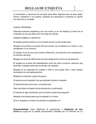 REGLAS DE ETIQUETA
La veneración y reverencia de los hijos hacia ellos. Significa que los hijos deben
honrar y obedecer a sus padres, acatando sus decisiones y tomando en cuenta
sus opiniones y consejos

A NIVEL PERSONAL
Valorarse quererse respetarse y ser uno mismo, si no me respeto yo nadie me va
a respetar yo soy qué elije como me tratan los demás .
FRASES SOBRE EL RESPETO
El respeto purifica el alma y si no lo tienes es que nunca tuviste alma.
Respeto es la actitud y la acción del ser humano, de no dañarse a sí mismo, a sus
semejantes ni a su entorno.
El respeto no es el virus que invade la diferencia, es el pionero de la aceptación y
el marinero del amor.
Respeto es amar las diferencias de quien desprende la barca de competencia.
El respeto es la base del entendimiento entre los seres humanos; tenemos que
aprender a respetar para que los demás nos respeten.
Respeto es la capacidad de aceptar a todo lo que posea vida, a toda nuestra
diversidad a la cual pertenecemos.
Respetar es empezar a ganar la guerra.
Si quieres que te respeten hay que aprender primero a respetar.
Si realmente eres como eres, lo tendrás todo...
Vale más tener el respeto de los demás que su admiración.
El respeto es algo importante que te enseña cuando eres pequeño.
Respeta a los demás para que te respeten a ti mismo.
Si tú te respetas a ti mismo, los demás te respetarán a ti.

Responsabilidad, hace referencia al compromiso u obligación de tipo
moral que surge de la posible equivocación cometida por un individuo en un

 