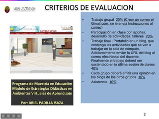 Programa de Maestría en Educación  Módulo de Estrategias Didácticas en Ambientes Virtuales de Aprendizaje Por: ARIEL PADILLA ISAZA Trabajo grupal  20% (Crear un correo el Gmail.com, se le envía Instrucciones al correo) Participación en clase con aportes, desarrollo de actividades, talleres  2 0% Trabajo final : Portafolio en un blog, que contenga las actividades que se van a trabajar en la sala de cómputo. Adicionalmente enviar la URL del blog al correo electrónico del docente. Finalmente el trabajo deberá ser sustentado en la última sesión de clases  4 0% Cada grupo deberá emitir una opinión en los blogs de los otros grupos  10% Asistencia  10% CRITERIOS DE EVALUACION 42 AÑOS 