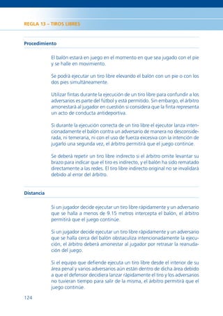 REGLA 13 – TIROS LIBRES



Procedimiento

            El balón estará en juego en el momento en que sea jugado con el pie
            y se halle en movimiento.

            Se podrá ejecutar un tiro libre elevando el balón con un pie o con los
            dos pies simultáneamente.

            Utilizar ﬁntas durante la ejecución de un tiro libre para confundir a los
            adversarios es parte del fútbol y está permitido. Sin embargo, el árbitro
            amonestará al jugador en cuestión si considera que la ﬁnta representa
            un acto de conducta antideportiva.

            Si durante la ejecución correcta de un tiro libre el ejecutor lanza inten-
            cionadamente el balón contra un adversario de manera no desconside-
            rada, ni temeraria, ni con el uso de fuerza excesiva con la intención de
            jugarlo una segunda vez, el árbitro permitirá que el juego continúe.

            Se deberá repetir un tiro libre indirecto si el árbitro omite levantar su
            brazo para indicar que el tiro es indirecto, y el balón ha sido rematado
            directamente a las redes. El tiro libre indirecto original no se invalidará
            debido al error del árbitro.


Distancia

            Si un jugador decide ejecutar un tiro libre rápidamente y un adversario
            que se halla a menos de 9.15 metros intercepta el balón, el árbitro
            permitirá que el juego continúe.

            Si un jugador decide ejecutar un tiro libre rápidamente y un adversario
            que se halla cerca del balón obstaculiza intencionadamente la ejecu-
            ción, el árbitro deberá amonestar al jugador por retrasar la reanuda-
            ción del juego.

            Si el equipo que deﬁende ejecuta un tiro libre desde el interior de su
            área penal y varios adversarios aún están dentro de dicha área debido
            a que el defensor decidiera lanzar rápidamente el tiro y los adversarios
            no tuvieran tiempo para salir de la misma, el árbitro permitirá que el
            juego continúe.

124
 