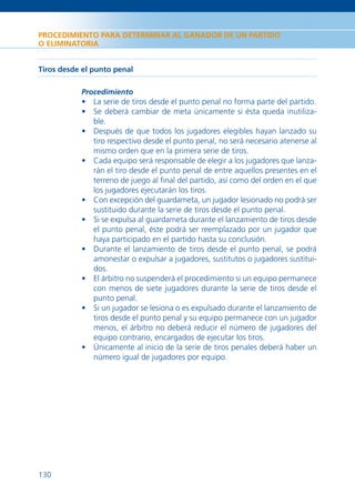 PROCEDIMIENTO PARA DETERMINAR AL GANADOR DE UN PARTIDO
O ELIMINATORIA


Tiros desde el punto penal

           Procedimiento
           • La serie de tiros desde el punto penal no forma parte del partido.
           • Se deberá cambiar de meta únicamente si ésta queda inutiliza-
             ble.
           • Después de que todos los jugadores elegibles hayan lanzado su
             tiro respectivo desde el punto penal, no será necesario atenerse al
             mismo orden que en la primera serie de tiros.
           • Cada equipo será responsable de elegir a los jugadores que lanza-
             rán el tiro desde el punto penal de entre aquellos presentes en el
             terreno de juego al ﬁnal del partido, así como del orden en el que
             los jugadores ejecutarán los tiros.
           • Con excepción del guardameta, un jugador lesionado no podrá ser
             sustituido durante la serie de tiros desde el punto penal.
           • Si se expulsa al guardameta durante el lanzamiento de tiros desde
             el punto penal, éste podrá ser reemplazado por un jugador que
             haya participado en el partido hasta su conclusión.
           • Durante el lanzamiento de tiros desde el punto penal, se podrá
             amonestar o expulsar a jugadores, sustitutos o jugadores sustitui-
             dos.
           • El árbitro no suspenderá el procedimiento si un equipo permanece
             con menos de siete jugadores durante la serie de tiros desde el
             punto penal.
           • Si un jugador se lesiona o es expulsado durante el lanzamiento de
             tiros desde el punto penal y su equipo permanece con un jugador
             menos, el árbitro no deberá reducir el número de jugadores del
             equipo contrario, encargados de ejecutar los tiros.
           • Únicamente al inicio de la serie de tiros penales deberá haber un
             número igual de jugadores por equipo.




130
 
