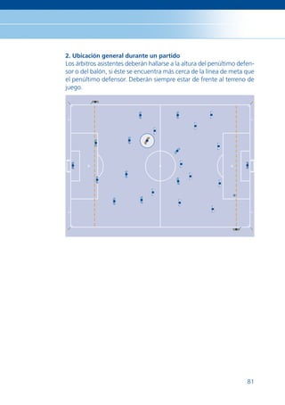 2. Ubicación general durante un partido
Los árbitros asistentes deberán hallarse a la altura del penúltimo defen-
sor o del balón, si éste se encuentra más cerca de la línea de meta que
el penúltimo defensor. Deberán siempre estar de frente al terreno de
juego.




                                                                      81
 