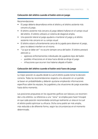75
Colocación del árbitro cuando el balón está en juego
Recomendaciones
• El juego debería desarrollarse entre el árbitro y el árbitro asistente más
cercano al juego.
• El árbitro asistente más cercano al juego deberá hallarse en el campo visual
del árbitro. El árbitro utilizará un sistema de diagonal amplia.
• Una posición lateral al juego ayudará a mantener el juego y al árbitro
asistente más cercano en su campo visual.
• El árbitro estará suﬁcientemente cerca de la jugada para observar el juego,
pero no deberá interferir en el mismo.
• “Lo que se debe ver” no ocurre siempre cerca del balón. El árbitro prestará
atención a:
– agresivos enfrentamientos individuales de jugadores lejos del balón
– posibles infracciones en el área hacia dónde se dirige el juego
– infracciones que ocurran tras haberse alejado el balón
Colocación del árbitro cuando el balón está fuera de juego
La mejor posición es aquella desde la cual el árbitro pueda tomar la decisión
correcta. Todas las recomendaciones respecto a la ubicación en un partido
se basan en probabilidades y deberán ajustarse empleando informaciones
especíﬁcas sobre los equipos, los jugadores y las situaciones de juego acaecidas
hasta dicho momento.
Las posiciones propuestas en los siguientes gráﬁcos son básicas y se recomien-
dan a los árbitros. La referencia a una “zona” se emplea para hacer hincapié
en que cada posición recomendada constituye realmente un área en la cual
el árbitro podrá optimizar su eﬁcacia. Dicha zona podrá ser más amplia,
más reducida o de diferente forma, según las circunstancias en el momento
determinado.
DIRECTRICES PARA ÁRBITROS
 