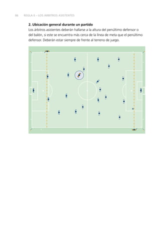 86
2. Ubicación general durante un partido
Los árbitros asistentes deberán hallarse a la altura del penúltimo defensor o
del balón, si este se encuentra más cerca de la línea de meta que el penúltimo
defensor. Deberán estar siempre de frente al terreno de juego.
REGLA 6 – LOS ÁRBITROS ASISTENTES
 