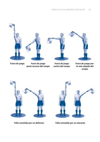 99SEÑALES DE LOS ÁRBITROS ASISTENTES
Falta cometida por un defensor
Fuera de juego Fuera de juego
parte cercana del campo
Fuera de juego
centro del campo
Fuera de juego par-
te más alejada del
campo
Falta cometida por un atacante
 