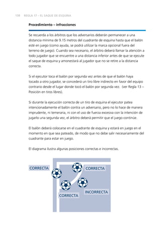 138
Procedimiento – infracciones
Se recuerda a los árbitros que los adversarios deberán permanecer a una
distancia mínima de 9.15 metros del cuadrante de esquina hasta que el balón
esté en juego (como ayuda, se podrá utilizar la marca opcional fuera del
terreno de juego). Cuando sea necesario, el árbitro deberá llamar la atención a
todo jugador que se encuentre a una distancia inferior antes de que se ejecute
el saque de esquina y amonestará al jugador que no se retire a la distancia
correcta.
Si el ejecutor toca el balón por segunda vez antes de que el balón haya
tocado a otro jugador, se concederá un tiro libre indirecto en favor del equipo
contrario desde el lugar donde tocó el balón por segunda vez. (ver Regla 13 –
Posición en tiros libres).
Si durante la ejecución correcta de un tiro de esquina el ejecutor patea
intencionadamente el balón contra un adversario, pero no lo hace de manera
imprudente, ni temeraria, ni con el uso de fuerza excesiva con la intención de
jugarlo una segunda vez, el árbitro deberá permitir que el juego continúe.
El balón deberá colocarse en el cuadrante de esquina y estará en juego en el
momento en que sea pateado, de modo que no debe salir necesariamente del
cuadrante para estar en juego.
El diagrama ilustra algunas posiciones correctas e incorrectas.
CORRECTA
CORRECTA
CORRECTA
INCORRECTA
REGLA 17 – EL SAQUE DE ESQUINA
 