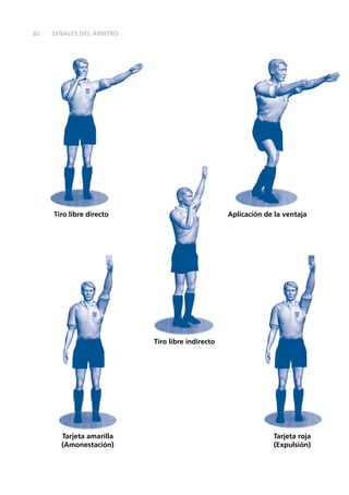 82 SEÑALES DEL ÁRBITRO
Tiro libre directo
Tiro libre indirecto
Tarjeta amarilla
(Amonestación)
Tarjeta roja
(Expulsión)
Aplicación de la ventaja
 