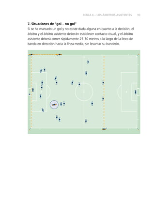 93
7. Situaciones de “gol – no gol”
Si se ha marcado un gol y no existe duda alguna en cuanto a la decisión, el
árbitro y el árbitro asistente deberán establecer contacto visual, y el árbitro
asistente deberá correr rápidamente 25-30 metros a lo largo de la línea de
banda en dirección hacia la línea media, sin levantar su banderín.
REGLA 6 – LOS ÁRBITROS ASISTENTES
 