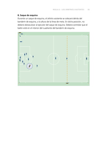 95
8. Saque de esquina
Durante un saque de esquina, el árbitro asistente se colocará detrás del
banderín de esquina, a la altura de la línea de meta. En dicha posición, no
deberá obstaculizar al ejecutor del saque de esquina. Deberá controlar que el
balón esté en el interior del cuadrante del banderín de esquina.
REGLA 6 – LOS ÁRBITROS ASISTENTES
 