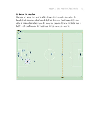 93 
REGLA 6 – LOS ÁRBITROS ASISTENTES 
8. Saque de esquina 
Durante un saque de esquina, el árbitro asistente se colocará detrás del 
banderín de esquina, a la altura de la línea de meta. En dicha posición, no 
deberá obstaculizar al ejecutor del saque de esquina. Deberá controlar que el 
balón esté en el interior del cuadrante del banderín de esquina. 
 