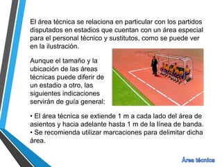 El área técnica se relaciona en particular con los partidos
disputados en estadios que cuentan con un área especial
para el personal técnico y sustitutos, como se puede ver
en la ilustración.
Aunque el tamaño y la
ubicación de las áreas
técnicas puede diferir de
un estadio a otro, las
siguientes indicaciones
servirán de guía general:
• El área técnica se extiende 1 m a cada lado del área de
asientos y hacia adelante hasta 1 m de la línea de banda.
• Se recomienda utilizar marcaciones para delimitar dicha
área.
 