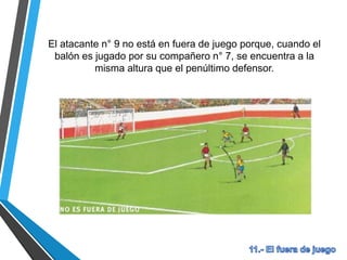 El atacante n° 9 no está en fuera de juego porque, cuando el
balón es jugado por su compañero n° 7, se encuentra a la
misma altura que el penúltimo defensor.
 