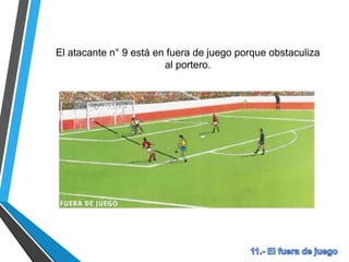 El atacante n° 9 está en fuera de juego porque obstaculiza
al portero.
 
