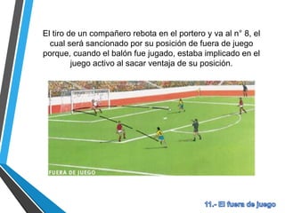 El tiro del jugador n° 6 rebota en el poste y va a su
compañero, el cual será sancionado por su posición de fuera
de juego porque, cuando el balón fue jugado, estaba
implicado en el juego activo al sacar ventaja de su posición.
 