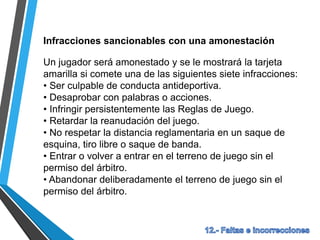 Infracciones sancionables con una amonestación
Un jugador será amonestado y se le mostrará la tarjeta
amarilla si comete una de las siguientes siete infracciones:
• Ser culpable de conducta antideportiva.
• Desaprobar con palabras o acciones.
• Infringir persistentemente las Reglas de Juego.
• Retardar la reanudación del juego.
• No respetar la distancia reglamentaria en un saque de
esquina, tiro libre o saque de banda.
• Entrar o volver a entrar en el terreno de juego sin el
permiso del árbitro.
• Abandonar deliberadamente el terreno de juego sin el
permiso del árbitro.
 