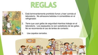 1. Está terminantemente prohibido fumar y traer comida al
laboratorio. No almacene bebidas ni comestibles en el
refrigerador.
2. Tiene que usar gafas de seguridad mientras trabaje en el
laboratorio. Los espejuelos no son substitutos de las gafas.
No se recomienda el uso de lentes de contacto.
3. Use zapatos cerrados.
 
