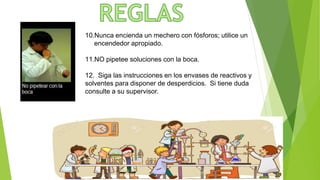 10.Nunca encienda un mechero con fósforos; utilice un
encendedor apropiado.
11.NO pipetee soluciones con la boca.
12. Siga las instrucciones en los envases de reactivos y
solventes para disponer de desperdicios. Si tiene duda
consulte a su supervisor.
 