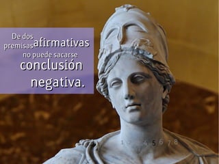 De dosDe dos
premisaspremisasafirmativasafirmativas
conclusiónconclusión
negativa.negativa.
no puede sacarseno puede sacarse
1 2 3 4 6 7 85
 