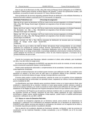 70   (Tercera Sección)                      DIARIO OFICIAL                Viernes 30 de diciembre de 2011

    Para el caso de los Municipios de Alto y Muy Alto Indice de Rezago Social catalogados por el CONEVAL,
el Gobierno Federal podrá aumentar el Monto Máximo del Subsidio, y reducir las aportaciones locales y del
beneficiario, de acuerdo al cuadro de la sección 3.5 Tipos y Montos de Apoyo.
    Para la distribución de recursos asignados mediante fórmula de distribución a las entidades federativas, la
Instancia Normativa validará y autorizará los PTA´s de acuerdo a lo siguiente:
 Entidades Federativas con:                 Porcentaje de asignación
 Más del 20 por ciento de Municipios con 50 por ciento de los recursos asignados a la Entidad Federativa
 Alto y Muy Alto Rezago Social según el deberán ser asignados a favor de estos municipios.
 CONEVAL
 Menos del 20 por ciento y más del 10% 30 por ciento de los recursos asignados a la Entidad Federativa
 de Municipios con Alto y Muy Alto deberán ser asignados a favor de estos municipios.
 Rezago Social según el CONEVAL
 Menos del 10% de sus municipios de 15 por ciento de los recursos asignados a la Entidad Federativa
 Municipios con Alto y Muy Alto Rezago deberán ser asignados a favor de estos municipios.
 Social según el CONEVAL
 Ningún municipio de Alto y Muy Alto La propuesta de distribución de recursos para sus municipios
 Grado de rezago social según el será libre.
 CONEVAL
 Para el caso de que al último día hábil de febrero del ejercicio fiscal correspondiente, en una entidad
 federativa por cuestiones de carácter jurídicas, técnicas, administrativas o económicas atribuibles a los
 Gobiernos de las Entidades Federativas o Municipios clasificados como de Alto y Muy Alto Grado de
 Rezago Social, no se tenga comprometido, el porcentaje establecido anteriormente; la Instancia Normativa,
 podrá reasignar los recursos no comprometidos a favor de otra Instancia Ejecutora o municipios de la
 entidad federativa de que se trate.


   Cuando los municipios sean Ejecutores, deberán considerar el criterio antes señalado, para localidades
con alto y muy alto índice de rezago social.
    En el caso de que la Delegación de SEDESOL sea ejecutora de la acción de vivienda, el monto del apoyo
incluirá únicamente la aportación federal y la del beneficiario.
     Podrán existir aportaciones adicionales o complementarias de las sociedades, fundaciones y asociaciones
civiles legalmente constituidas.
   Cuando la Instancia Ejecutora de la entidad aporte el terreno para edificación de UBV, se considera como
aportación en especie y se toma como de valor igual a la aportación federal el lote unifamiliar, siempre
contando con los servicios básicos de agua, drenaje y energía eléctrica a pie de lote.
    El terreno debe quedar a nombre del beneficiario, además de contar con la superficie mínima establecida
en la normatividad local de conformidad a la densidad urbana, respetando los criterios mínimos establecidos
para la modalidad de UBV.
   Los Beneficiarios que hayan obtenido apoyo económico federal, incluso en el mismo ejercicio fiscal, para
ampliación o mejoramiento de su vivienda, y soliciten un nuevo apoyo pueden recibirlo, siempre y cuando la
suma de los apoyos recibidos y por recibir no exceda el monto máximo para edificación de una UBV o UBVR
establecido en las Reglas de Operación del Programa del ejercicio fiscal en el que solicite el nuevo apoyo.
    Los beneficiarios del Programa que de ejercicios anteriores recibieron sólo un subsidio para cualquiera de
las siguientes acciones de vivienda: colocación de piso firme, piletas captadoras de agua, mejoramiento
de fachadas e imagen urbana, estufas ecológicas o fosas sépticas, podrán recibir un subsidio adicional para
adquisición o edificación de una UBV o UBVR.
   3.5.1 Apoyo en casos de Desastres Naturales.
     En situación de emergencia originada por un fenómeno natural, previa emisión de la Declaratoria de
Emergencia o publicación de la Declaratoria de Desastres Naturales por la Secretaría de Gobernación, el
FONHAPO podrá realizar acciones para atender la contingencia, de acuerdo con la magnitud de los daños y
la inmediatez requerida para atender a la población afectada.
   Para la atención de la población afectada por fenómenos naturales, se llevarán a cabo las acciones de
coordinación con las instancias federales y locales competentes y con el FONDEN, con el fin de evitar
duplicidades.
 