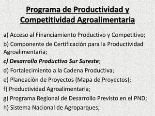 Programa de Productividad y
Competitividad Agroalimentaria
a) Acceso al Financiamiento Productivo y Competitivo;
b) Componente de Certificación para la Productividad
Agroalimentaria;
c) Desarrollo Productivo Sur Sureste;
d) Fortalecimiento a la Cadena Productiva;
e) Planeación de Proyectos (Mapa de Proyectos);
f) Productividad Agroalimentaria;
g) Programa Regional de Desarrollo Previsto en el PND;
h) Sistema Nacional de Agroparques;
 