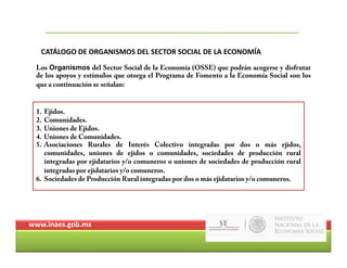 CATÁLOGO DE ORGANISMOS DEL SECTOR SOCIAL DE LA ECONOMÍACATÁLOGO DE ORGANISMOS DEL SECTOR SOCIAL DE LA ECONOMÍA
Los Organismos del Sector Social de la Economía (OSSE) que podrán acogerse y disfrutar
de los apoyos y estímulos que otorga el Programa de Fomento a la Economía Social son los
ti ió ñ lque a continuación se señalan:
1. Ejidos.
d d2. Comunidades.
3. Uniones de Ejidos.
4. Uniones de Comunidades.
5. Asociaciones Rurales de Interés Colectivo integradas por dos o más ejidos,
id d i d jid id d i d d d d ió lcomunidades, uniones de ejidos o comunidades, sociedades de producción rural
integradas por ejidatarios y/o comuneros o uniones de sociedades de producción rural
integradas por ejidatarios y/o comuneros.
6. Sociedades de Producción Rural integradas por dos o más ejidatarios y/o comuneros.
www.inaes.gob.mx
 