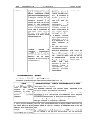 Martes 23 de diciembre de 2014 DIARIO OFICIAL (Segunda Sección)
en especie). crédito y cobranza; fiscal; financiera;
legal, de administración de riesgos;
liderazgo y gobernabilidad; doctrina
y educación cooperativa y financiera;
de planeación estratégica, diseño y
elaboración de proyectos
estratégicos, financieros y de
inversión, de fondeo, de garantías
líquidas, de redes organizativas,
financieras, y de asistencia técnica;
así como en aquellas otras temáticas
propias para el fortalecimiento y
apoyo de las entidades financieras
del sector social, propuestos y
organizados por el INAES, a nivel
nacional o internacional.
propuesta de la
Coordinación General de
Finanzas Populares y podrá
incluir la contratación de
servicios y/o suministro de
bienes, según corresponda,
para cubrir entre otros
conceptos los
requerimientos de
capacitadores, facilitadores,
evaluadores, materiales de
apoyo, espacios físicos así
como aspectos logísticos,
técnicos y de promoción.
• Los eventos y programas
podrán incluir actividades en
aula, en línea, en campo y/o
en las instalaciones de cada
entidad beneficiaria (en
sitio).
• Se podrán otorgar apoyos
para el traslado, hospedaje y
alimentación a beneficiarios
que participen en tales
actos, cuando se justifique
por la Coordinación General
de Finanzas Populares.
• Respecto al traslado, el
INAES podrá erogar
únicamente el costo de
transporte terrestre y,
excepcionalmente, previa
justificación y autorización,
transporte aéreo.
ahorro y/o crédito.
Programas Especiales de
capacitación y acompañamiento
para OSSE de ahorro y/o crédito que
incluyen entre otros conceptos el
diagnóstico, plan de mejora,
capacitación y acompañamiento y
evaluación de cierre.
Estos apoyos se
otorgarán en forma
anual, hasta cuatro
veces por ejercicio
fiscal por OSSE de
ahorro y/o crédito.
6. Criterios de elegibilidad y requisitos
6.1. Criterios de elegibilidad y requisitos generales
Los criterios de elegibilidad y requisitos generales para solicitar apoyo son:
Criterios Requisitos (documentos a entregar en el registro de la solicitud de apoyo)
I. Ser un OSSE, o un OSSE de
ahorro y/o crédito en la
modalidad de Sociedad
Cooperativa de Ahorro y
Préstamo (SOCAP) o Sociedad
Financiera Comunitaria
(SOFINCO).
Copia simple y original para cotejo de:
OSSE legalmente constituidos: acta constitutiva vigente, protocolizada y con
inscripción en el registro que corresponda a su naturaleza.
Grupos sociales: Acuerdo o acta de integración, disponible en el sitio
www.inaes.gob.mx, en la que se acrediten las facultades de la persona designada
como representante social, firmada por las personas integrantes del Grupo.
En el caso de Banca Social, original para cotejo, copia simple y archivo electrónico
con imagen digitalizada, del documento que corresponda.
II. Solicitar el apoyo atendiendo
los criterios relativos al ámbito
geográfico, sector, población y/o
actividad económica,
establecidos en la convocatoria
correspondiente. En el caso de
Solicitud de apoyo original (capturada en el pre-registro), conforme al anexo 2 de las
presentes Reglas de Operación, firmada por el representante social o legal del
OSSE.
El pre-registro podrá ser realizado directamente por el OSSE en línea a través del
sitio www.inaes.gob.mx, o el que señale la Convocatoria, o bien con el auxilio de
 