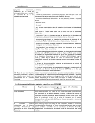 (Segunda Sección) DIARIO OFICIAL Martes 23 de diciembre de 2014
proyectos, capacitación,
consultoría, etc.) el OSSE de
ahorro y/o crédito deberá acreditar
la capacidad de las y los
prestadores de servicios.
• Currículo.
• RFC.
• Contrato (s), certificación o documento análogo que demuestre que cuenta con
experiencia en el campo específico en que ofrece sus servicios.
• Documentos señalados en el apartado b, de la(s) persona(s) física(s) a cargo del
servicio.
b. Personas físicas:
• Currículo.
• RFC, excepto cuando estén a cargo de un servicio a contratarse con una persona
moral.
Copia simple y Original para cotejo, de al menos uno de los siguientes
documentos:
• Certificación CONOCER (Consejo Nacional de Normalización y Certificación de
Competencias Laborales) relacionada con los servicios que ofrece; y/o
• Acreditación de su registro en cualquiera de los padrones de entidades de la
Administración Pública Federal relacionada con los servicios que ofrece; y/o
• Documentos con validez oficial que acrediten su condición de técnico, académico
o investigador en el servicio que ofrece; y/o
• Documentación que demuestre que cuenta con experiencia en el campo
específico en que ofrece sus servicios.
En el caso de auditorías y migraciones contables, su registro y certificación para
dictaminar ante la SHCP, así como un escrito en el que manifieste que el servicio
se ajustará a las disposiciones contenidas en la Ley para Regular las Actividades
de las Sociedades Cooperativas de Ahorro y Préstamo (LRASCAP) y la Ley de
Ahorro y Crédito Popular (LACP), así como las disposiciones generales y
Lineamientos que emita la Comisión Nacional Bancaria y de Valores (CNBV) al
respecto.
En el caso de servicios de avalúo, presentar las acreditaciones de acuerdo al
marco regulatorio correspondiente.
En el caso de producción social de vivienda asistida presentar la copia simple de la
acreditación de Comisión Nacional de Vivienda (CONAVI) y, en los que
corresponda, de Sociedad Hipotecaria Federal.
VII. Para el caso de Proyecto
Estratégico Financiero y Proyecto
de Inversión deberá contar con
antecedentes en la actividad
financiera.
Estados financieros anuales de los tres ejercicios fiscales inmediatos anteriores.
Los antecedentes de la actividad financiera preferentemente se refieren a la misma
razón social y figura jurídica; sin embargo, es válido cubrir el lapso requerido con
estados financieros de un mismo OSSE de ahorro y/o crédito con diferentes
razones sociales y/o figuras jurídicas cuando ocurrió un cambio en éstas.
6.3. Criterios de elegibilidad y requisitos específicos para INPROFES
Criterios Requisitos (documentos a entregar en el registro de la solicitud de
aportaciones)
I. Ser INPROFES Copia simple y original para cotejo de Acta constitutiva vigente, protocolizada y
con inscripción en el registro respectivo; Acuerdo o Decreto de creación o
documento normativo equivalente, según corresponda, y contar con al menos tres
años de antigüedad, a partir de la fecha de inscripción en el registro
correspondiente, o de la emisión del Acuerdo, Decreto de creación o documento
constitutivo equivalente.
II. Desarrollar temáticas
relacionadas con el fomento,
desarrollo, fortalecimiento y/o
visibilización del Sector Social de la
Economía
Copia simple y original para cotejo de acta constitutiva, estatuto, o documento
normativo interno equivalente, en el que conste fehacientemente que su objeto
abarca temáticas compatible con las actividades de fomento, desarrollo,
fortalecimiento y/o visibilización del Sector Social de la Economía, que prevé
realizar.
 